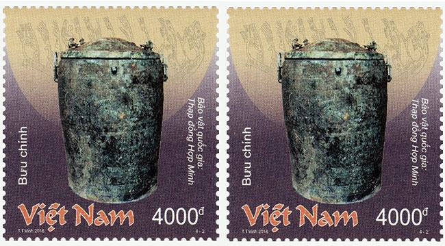 Bộ tem Bảo vật quốc gia: Thạp đồng Hợp Minh do họa sĩ Trần Thế Vinh thiết kế.