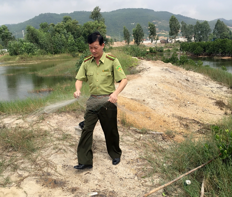 Cán bộ Hạt Kiểm lâm TP Hạ Long thu giữ lưới bẫy, bắt chim hoang dã.Ảnh Việt Hoa