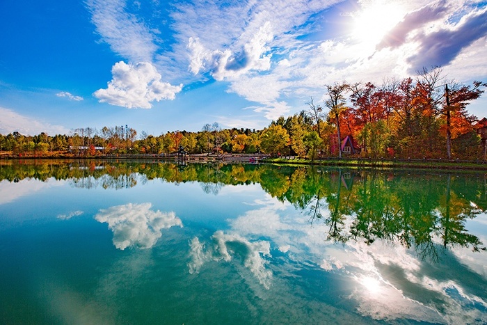 Hàng cây phong lá đỏ soi bóng xuống mặt hồ trong xanh tạo nên một khung cảnh thiên nhiên đẹp đến kinh ngạc.