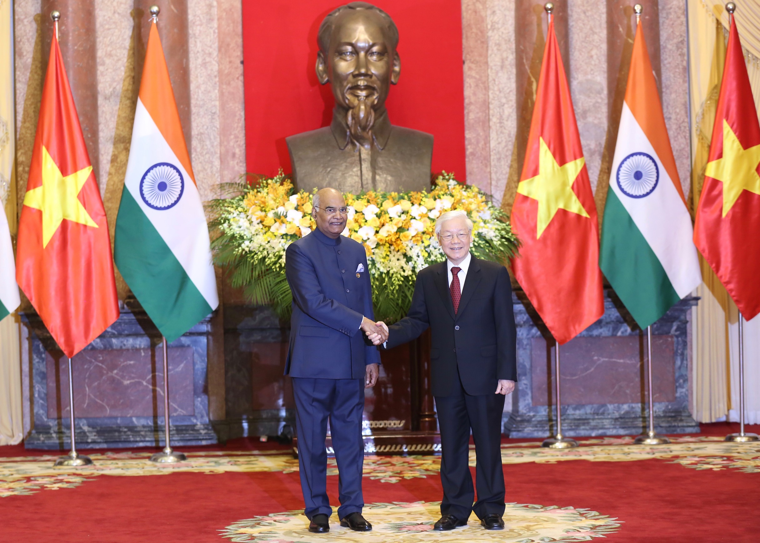 Tổng Bí thư, Chủ tịch nước Nguyễn Phú Trọng hội đàm với Tổng thống Ấn Độ Ram Nath Kovind. Ảnh: VGP/Nhật Bắc