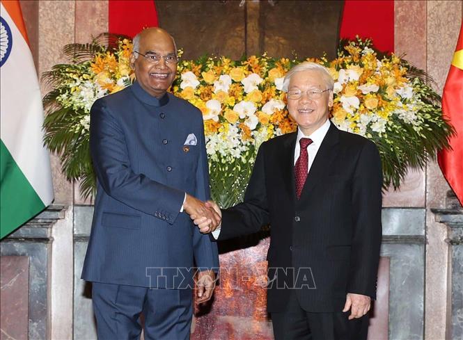 Chủ tịch nước Nguyễn Phú Trọng tiếp đón Tổng thống Ấn Độ Ram Nath Kovind. Ảnh: TTXVN