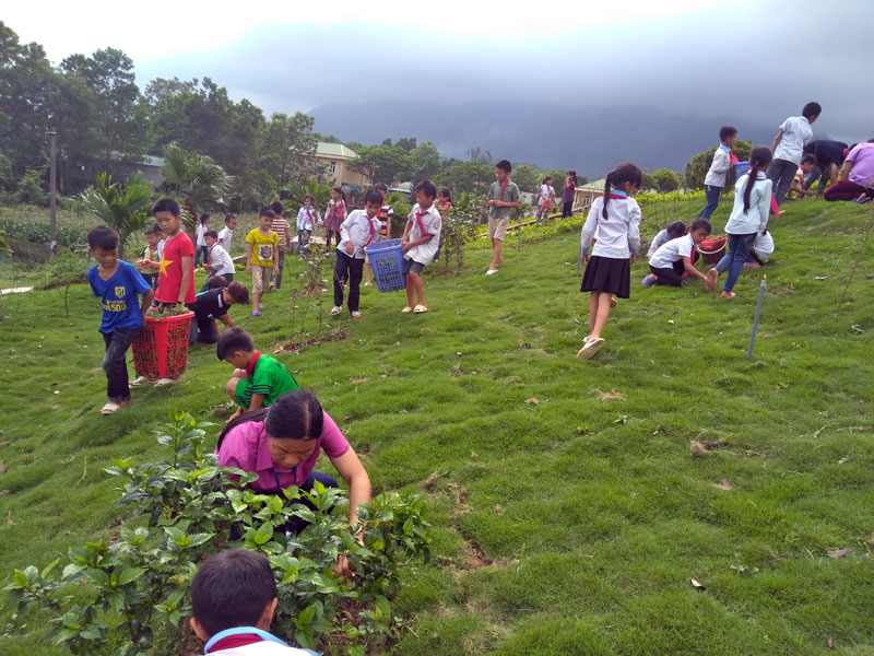 Học sinh Trường Tiểu học Quảng Đức tham gia dọn vệ sinh môi trường.