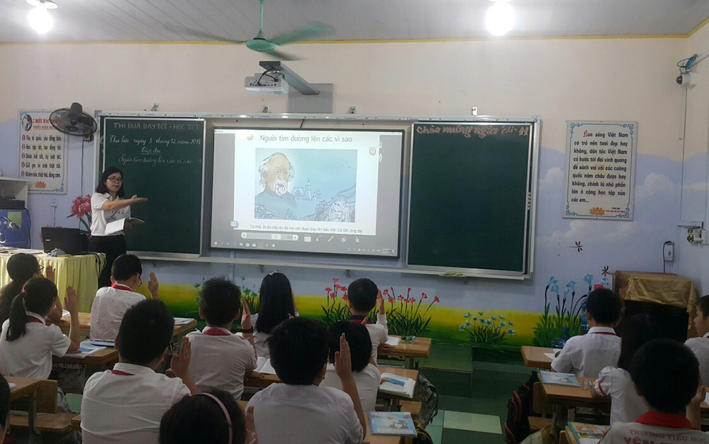Tiết học của học sinh lớp 4A2, Trường Tiểu học Yên Thanh có sử dụng bảng tương tác.