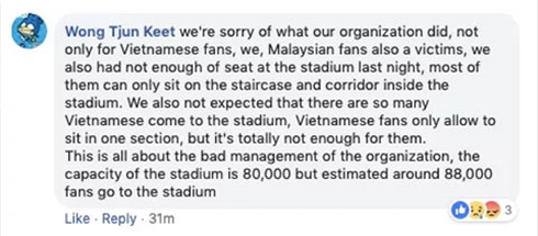 Người hâm mộ Malaysia gửi lời xin lỗi trên mạng xã hội