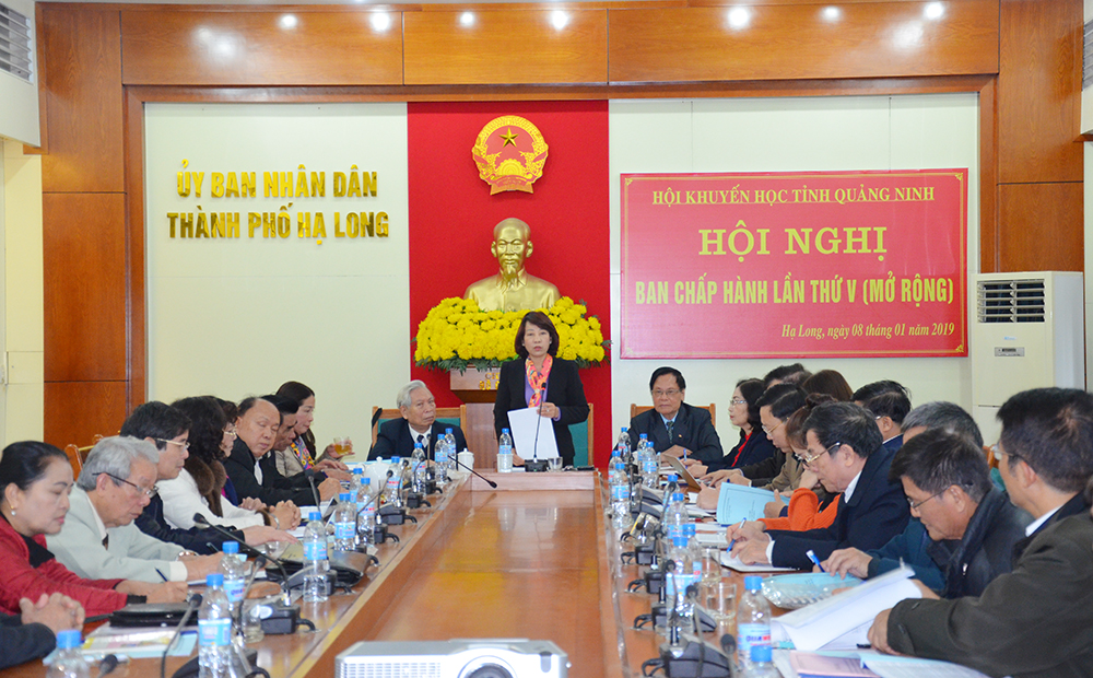 Đồng chí Vũ Thị Thu Thủy, Phó Chủ tịch UBND tỉnh, Chủ tịch Hội Khuyến học tỉnh phát biểu tại hội nghị.