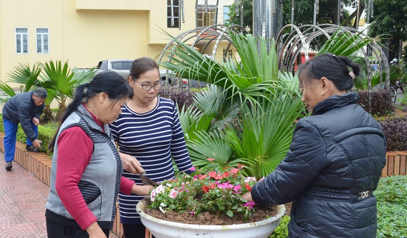 Người dân Khu 1, thị trấn Ba Chẽ tham gia trồng hoa, cắt tỉa cây xanh tại tuyến đường gần nhà văn hóa khu
