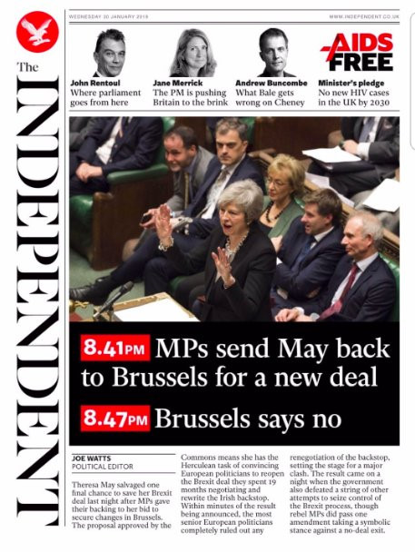 Trang bìa tờ Independent cho thấy EU từ chối đề nghị của phía Anh chỉ sau 6 phút. Ảnh: Independent.