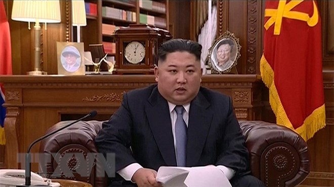 Nhà lãnh đạo Triều Tiên đọc thông điệp Năm mới 2019. (Ảnh: AP/TTXVN)