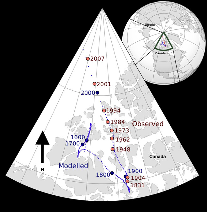 Sơ đồ di chuyển của cực từ Bắc từ năm 1600 đến 2007. Ảnh: Wikimedia Commons.