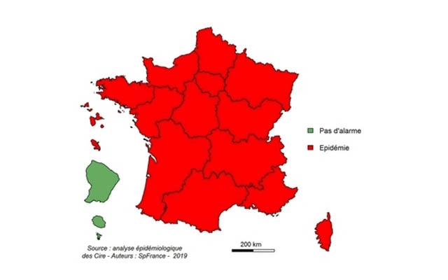 Sơ đồ các vùng có màu đỏ cho thấy dịch cúm đã lan khắp nước Pháp.