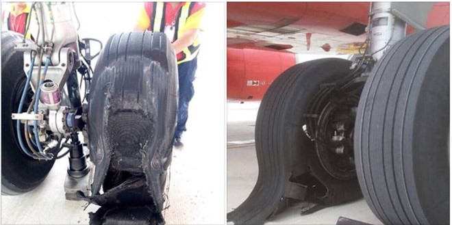 Hình ảnh lốp máy bay VietJet bị bục lan truyền trên mạng xã hội.