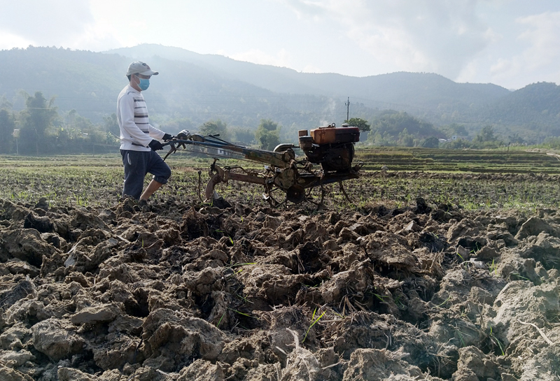 Mặc dù cách vụ gieo cấy còn hơn 1 tháng nữa nhưng gia đình anh Khang, thôn Ngàn Kheo, xã Hoành Mô vẫn ra đồng sớm để cầy ải, chuẩn bị lấy nước cho các thửa ruộng