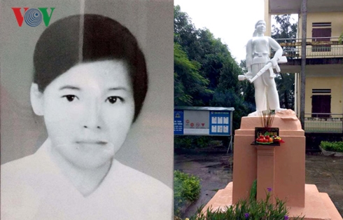 Chân dung nữ liệt sĩ Hoàng Thị Hồng Chiêm và bức tượng của chị trong sân trường THCS Bình Ngọc, Móng Cái, Quảng Ninh.