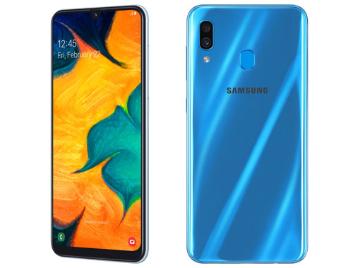 Samsung Galaxy A30 với cảm biến vân tay đặt phía sau, camera kép.