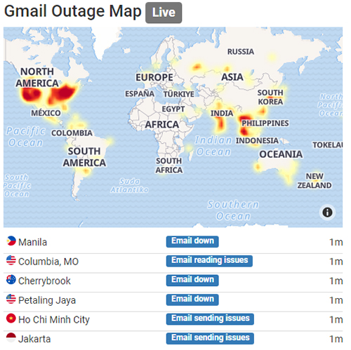 Người dùng báo cáo về tình trạng Gmail và Google Drive bị lỗi từ sáng nay. Ảnh: Outage Report