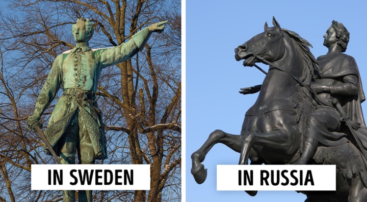 Vào thế kỷ 18, Thụy Điển là kẻ thù lớn nhất của Nga. Ở Saint Petersburg, bạn có thể tìm thấy tượng Kỵ sĩ đồng, một tượng đài của Peter Đại đế, và ở Stockholm, có một bức tượng của Charles XII. Họ là những vị Vua của Nga và Thụy Điển vào thời điểm đó. Theo truyền thuyết, cả hai bức tượng đều chỉ sang quốc gia kia thể hiện sự cạnh tranh.