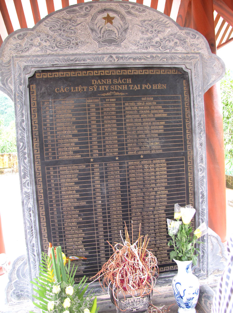 Bia khắc tên Hoàng Thị Hồng Chiêm cùng 27 công nhân Lâm trường đã anh dũng hy sinh trong cuộc chiến đấu bảo vệ biên giới phía Bắc, ngày 17/2/1979 tại Đài tưởng niệm các anh hùng liệt sĩ Pò Hèn.