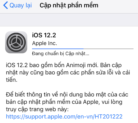Thông báo nâng cấp iOS 12.2. Ảnh chụp màn hình