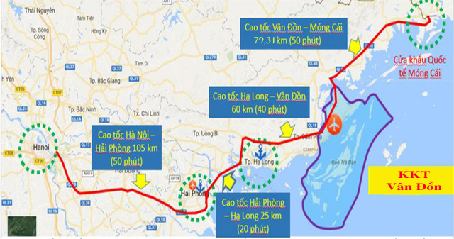 河内-海防-芒街高速公路路线图。