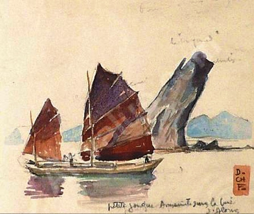 Ảnh 8: Vịnh Hạ Long: Tác giả- Charles Dominique Fouqueray. Một chiếc thuyền buồm ba-vát của ngư dân Hạ Long đang chạy qua hòn Con Cóc.