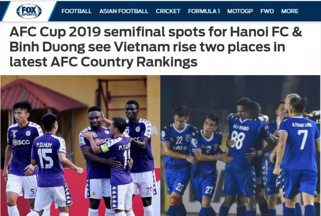  Trang Fox Sports Asia đưa tin về sự tăng trưởng của bóng đá Việt Nam tại BXH các giải quốc nội châu Á.