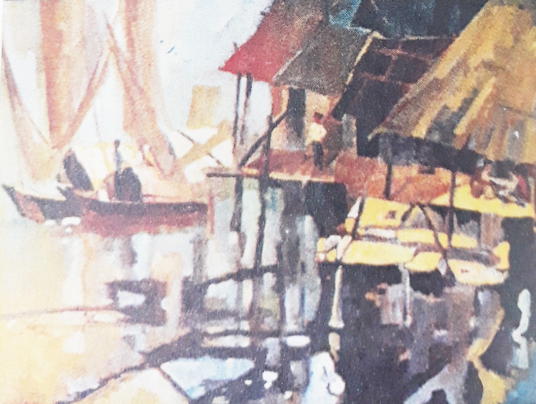 Xóm chài- Tranh sơn dầu do họa sĩ Lê Chuyền sáng tác năm 1997.
