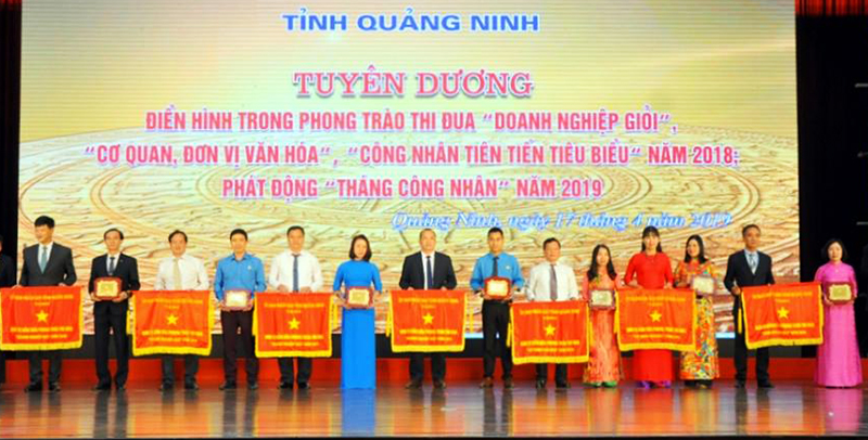 Ông Lưu Văn Đông, Giám đốc Công ty TNHH Đông Đức (thứ 5 từ trái sang) nhận cờ dẫn đầu phong trào thi đua khối doanh nghiệp TNHH tỉnh năm 2018. Ảnh Minh Hà