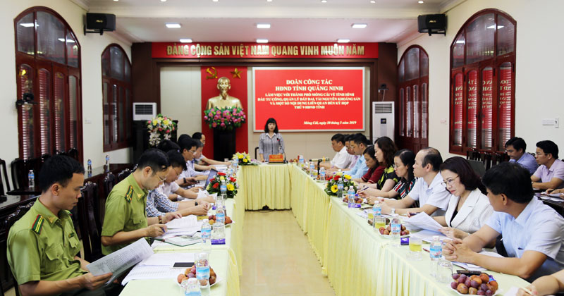 Đồng chí Trịnh Thị Minh Thanh, Ủy viên Ban Thường vụ Tỉnh ủy, Phó Chủ tịch HĐND tỉnh phát biểu tại buổi làm việc với thành phố Móng Cái.