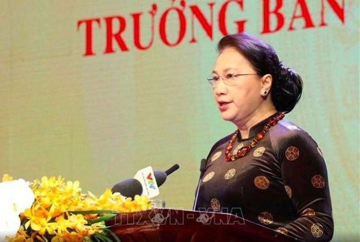 Chủ tịch Quốc hội Nguyễn Thị Kim Ngân đọc diễn văn. Ảnh: VĂN ĐIỆP - TTXVN