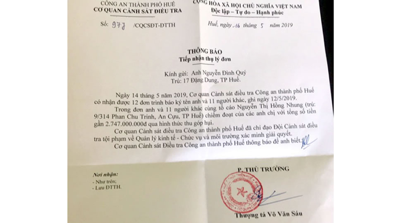  Thông báo tiếp nhận thụ lý đơn tố giác bà Nhung giật hụi.