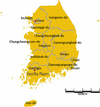 Vị trí tỉnh Jeolla Nam, trong đó có thành phố Gwangju trực thuộc trung ương. Đồ họa: Research gate