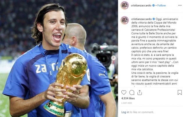    Cristian Zaccardo đã tuyên bố giải nghệ trên Instagram.