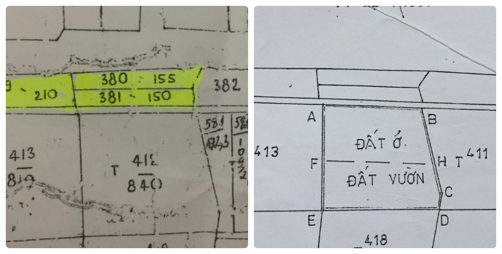 Theo GCNQSDĐ đã cấp cho bà Thêu tại thửa 412 thể hiện phía trên thửa đất là mương nước và hai thửa đất nhỏ, trùng khớp với bản đồ P45 (Trong ảnh: Bản đồ P45 (trái) và sơ đồ thửa đất cấp GCNQSDĐ của hộ bà Thêu (phải)
