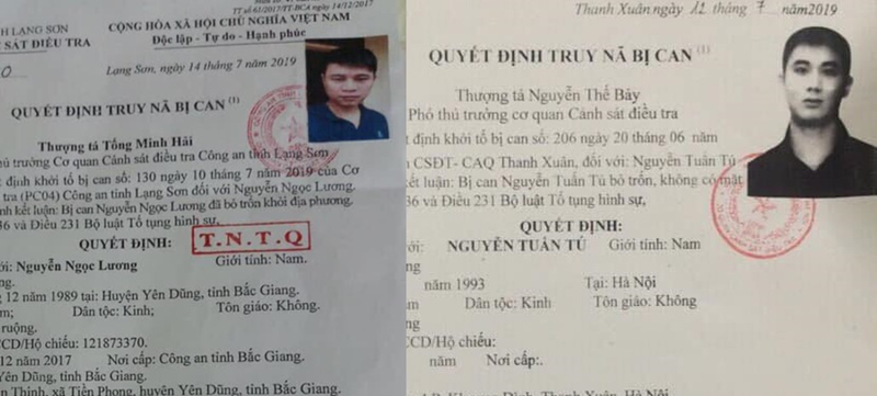  Quyết định truy nã bị can với Nguyễn Ngọc Lương (trái) và Nguyễn Tuấn Tú. (Ảnh: Công an cung cấp)