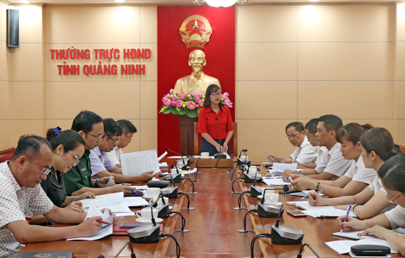 Đồng chí Nguyễn Thị Huệ, Trưởng Ban Pháp chế HĐND tỉnh phát biểu tại cuộc họp thẩm tra báo cáo của TAND tỉnh