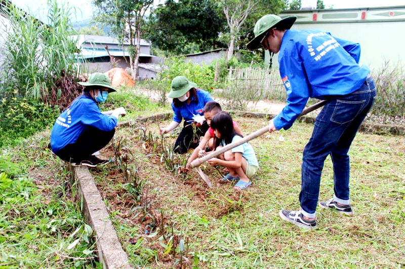 Các sinh viên tình nguyện tham gia trồng hoa tại thôn Đồng Giáng, xã Lương Mông, huyện Ba Chẽ.