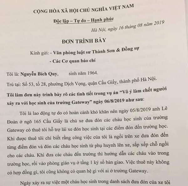 Đơn trình bày của bà Nguyễn Bích Quy.