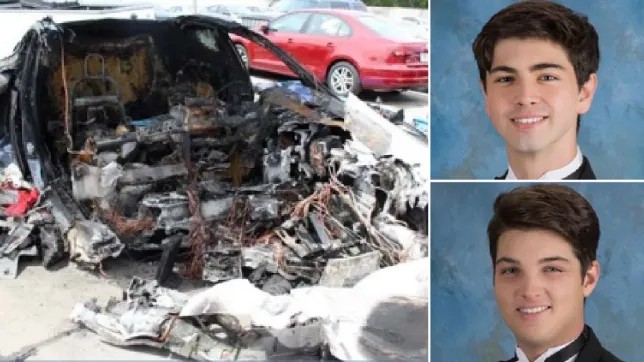 Cha mẹ của Edgar Monseratt Martinez (ngoài cùng bên phải) và Barrett Riley (dưới cùng bên phải) đã kiện hãng Tesla, đổ lỗi cho công ty xe điện về cái chết của con trai họ. Ảnh: NBC/NTSB