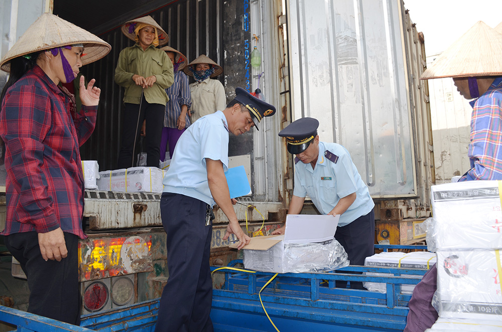 Cán bộ Chi cục Hải quan Cửa khẩu Hoành Mô kiểm tra hàng hóa trước khi thông quan.