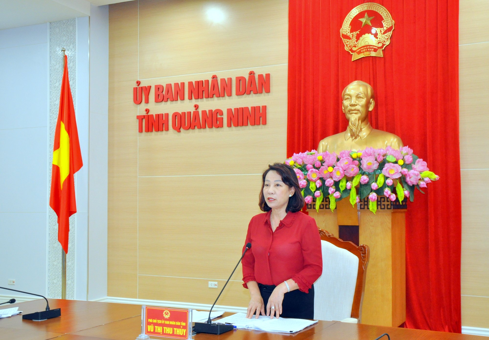 Phó Chủ tịch UBND tỉnh Vũ Thị Thu Thủy phát biểu kết luận cuộc họp.