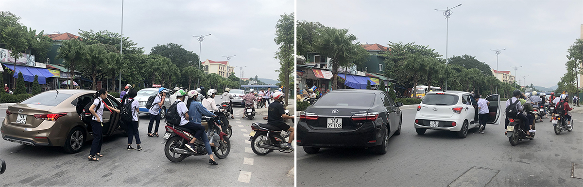 7	Trước cổng trường Trần Quốc Toản, trục đường Nguyễn Văn Cừ nhiều phụ huynh đỗ xe hiên ngang đưa đón con đi học mất an toàn
