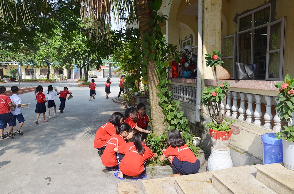 Học sinh Trường Tiểu học Vĩnh Khê, TX Đông Triều chăm sóc cây xanh, tạo cảnh quan môi trường xanh - sạch - đẹp.