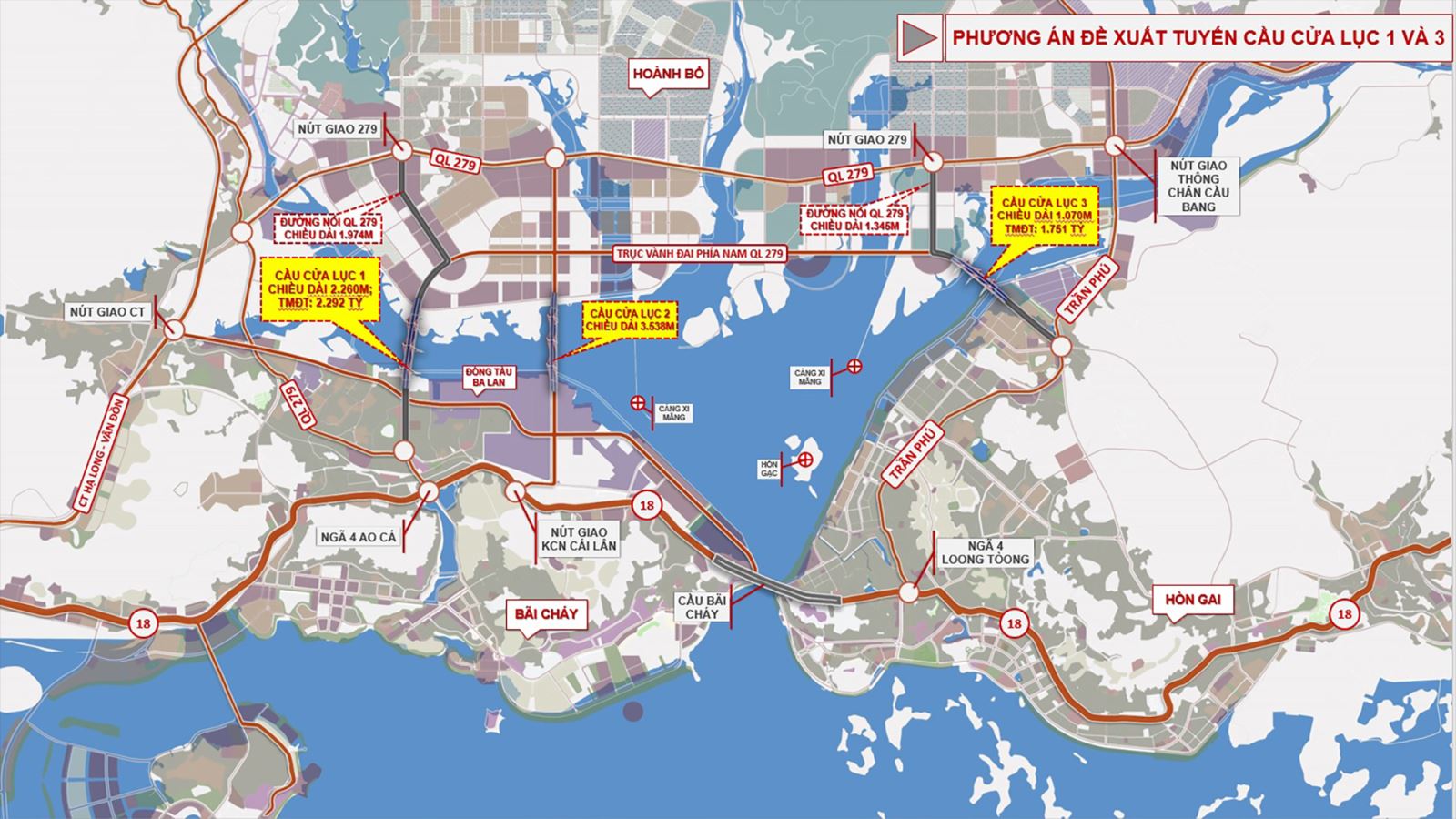 Bản đồ quy hoạch vị trí dự kiến xây dựng các cầu Cửa Lục.