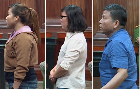 Các bị cáo Nguyễn Thị Ánh,  Trần Thị Nhài, Châu Văn Khảm tại tòa (từ trái qua phải).