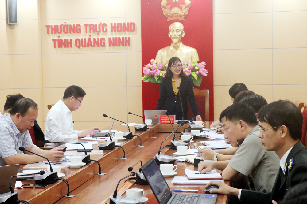 Đồng chí Nguyễn Thị Huệ, Trưởng Ban Pháp chế HĐND tỉnh phát biểu tại cuộc họp thẩm tra báo cáo của Cjc thi hành án dân sự tỉnh