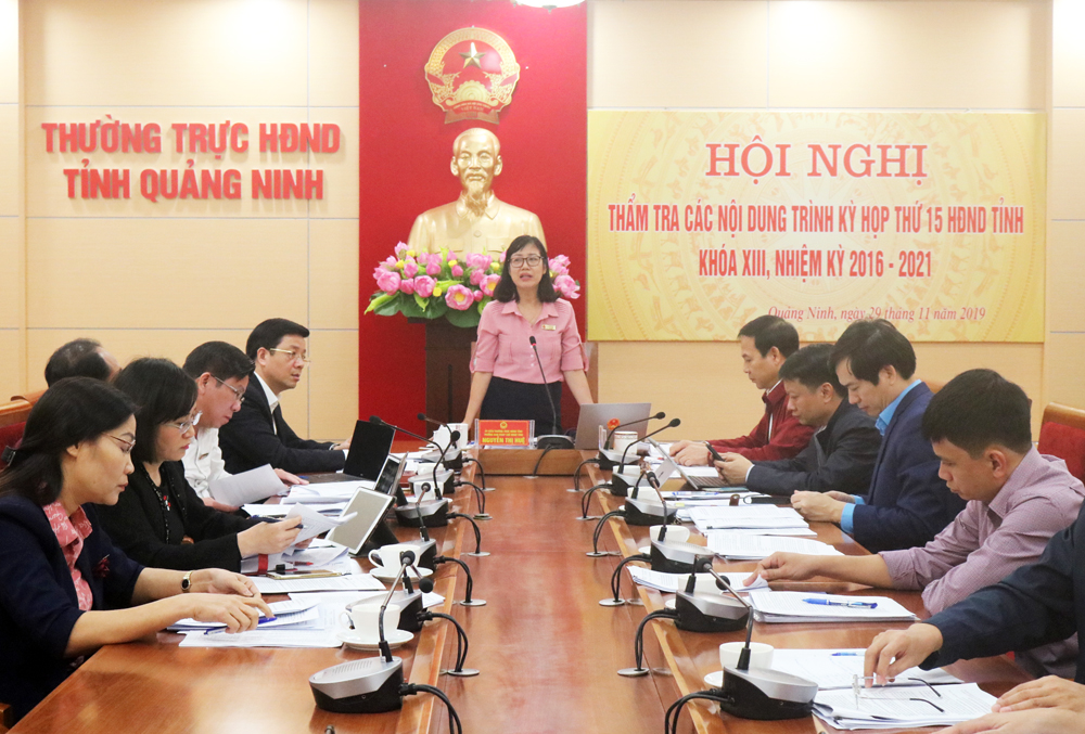 Đồng chí Nguyễn Thị Huệ, Trưởng Ban Pháp chế HĐND tỉnh phát biểu tại cuộc họp thẩm tra.