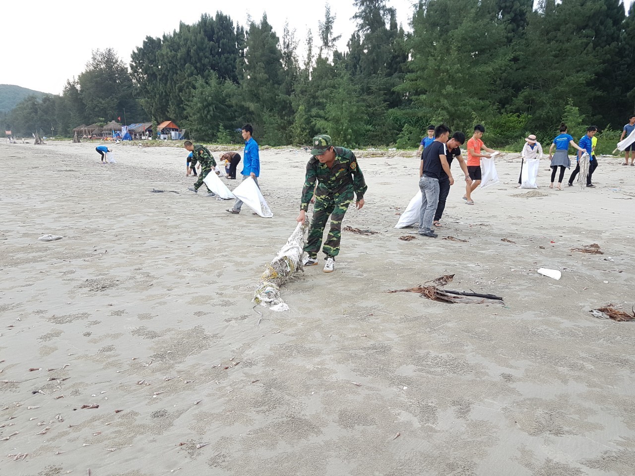 Cán bộ chiến sĩ Đồn BP Ngọc Vừng cùng đoàn thanh niên xã Ngọc Vừng dọn rác trôi dạt vào bãi biển Trường Chinh thôn  Bình Ngọc xã Ngọc Vừng vào tháng 6/2019.