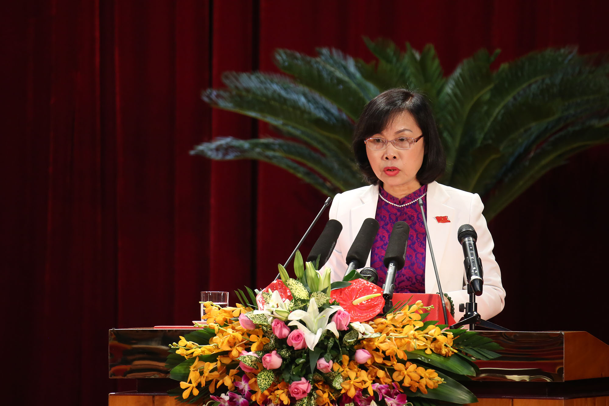 Đồng chí Trần Thị Thu Hoài, Trưởng Ban Văn hóa - Xã hội trình bày tóm tắt các báo cáo thẩm tra của Ban về các nội dung 