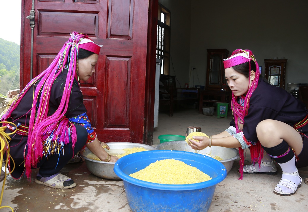 Người dân thôn Khe Lẹ, xã Hà Lâu (Tiên Yên) chuẩn bị gạo đỗ gói bánh đón tết.