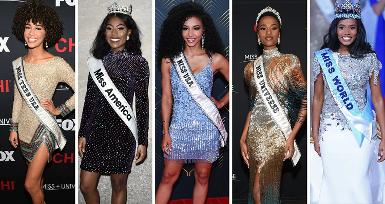Dàn người đẹp đăng quang Miss Teen USA, Miss America, Miss USA, Hoa hậu Hoàn vũ, Hoa hậu Thế giới năm 2019 (thứ tự từ trái qua). Ảnh: NY Times.